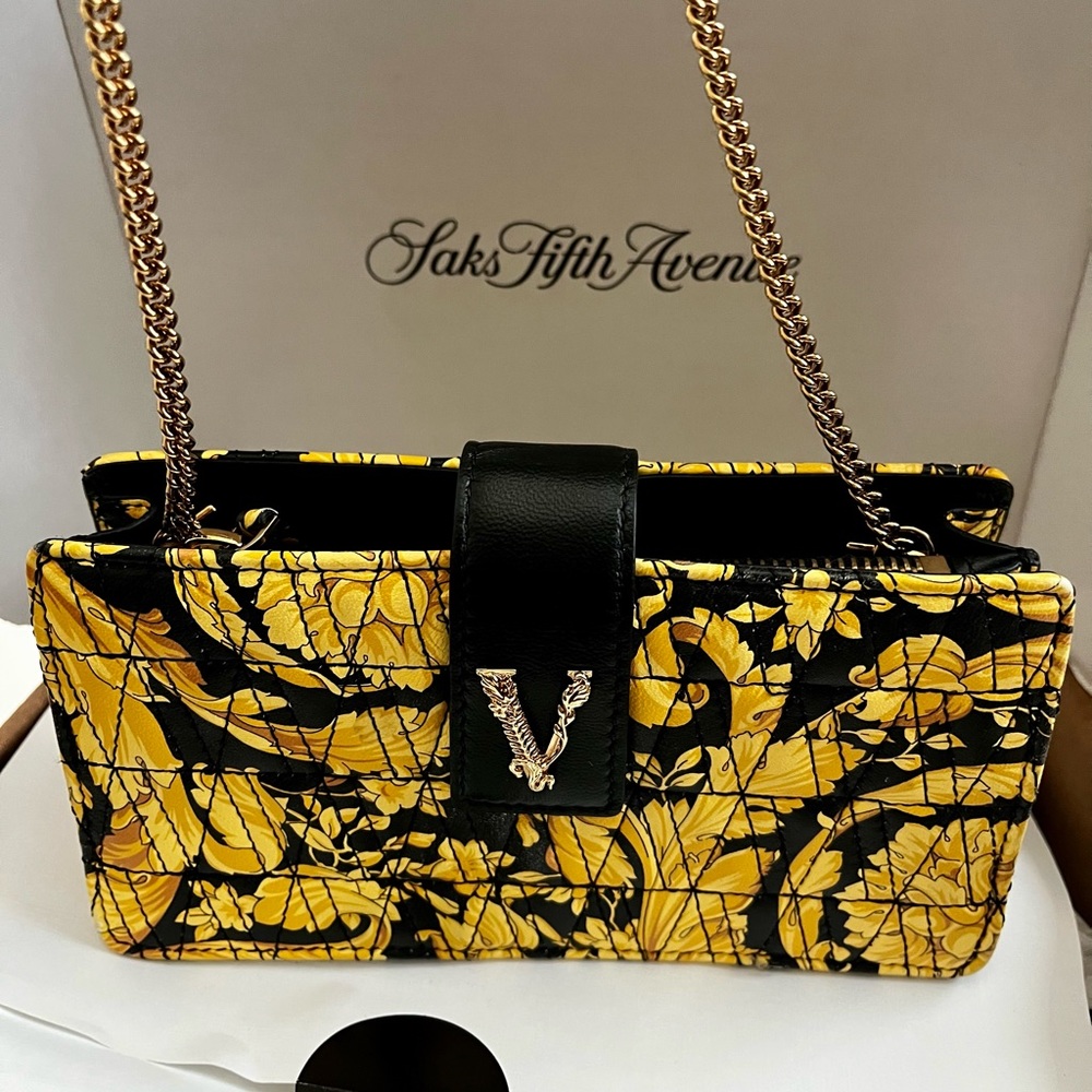Versace Virtus Barocco-Print Quilted Leather Wallet on Chain